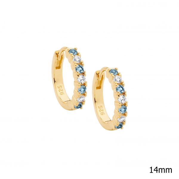 ELLANI COLLECTIONS S/S GOLD PLATED BLUE SPINEL & WHITE CZ 14MM HUGGIE EARRINGS