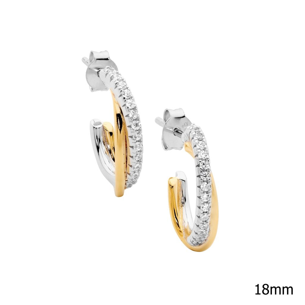 ELLANI COLLECTIONS SS 18MM CROSS OVER OVAL HOOP EARRINGS W/ CZ'S & GOLD PLATING