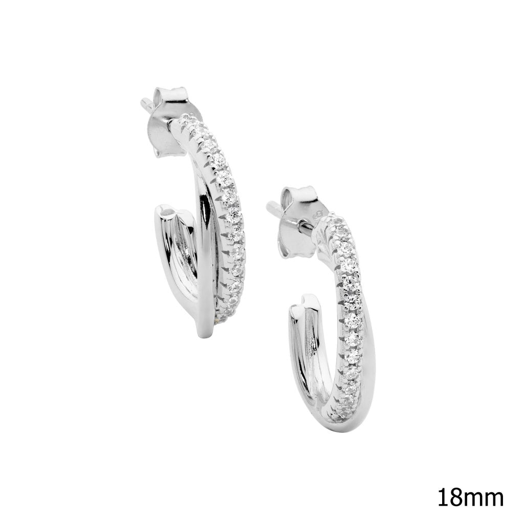 ELLANI COLLECTIONS SS 18MM CROSS OVER OVAL HOOP EARRINGS W/ CZ'S