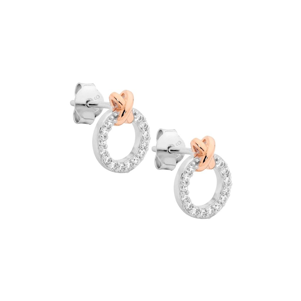 ELLANI COLLECTIONS SS W/ CZ 9MM CIRCLE W/ ROSE GOLD PLATED "X" EARRINGS