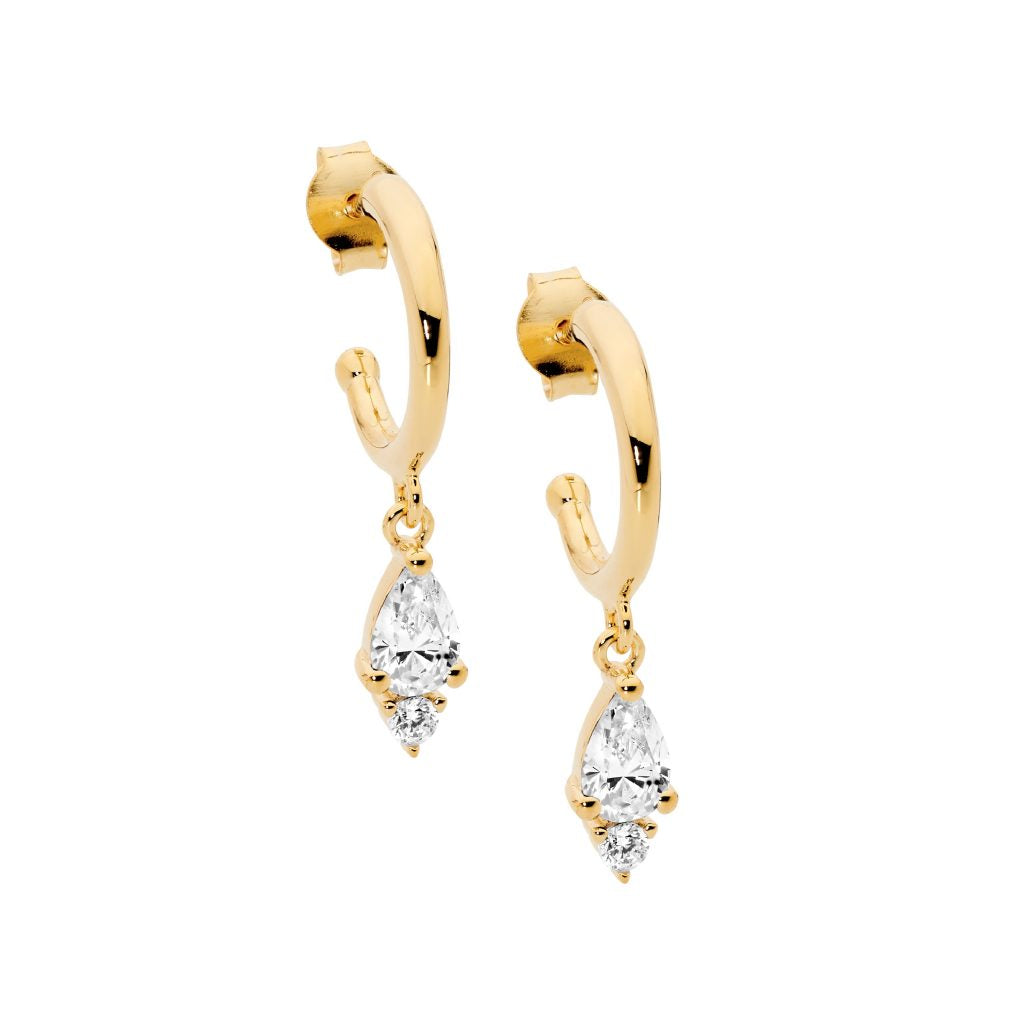 ELLANI COLLECTIONS SS GOLD PLATE 13MM HOOP EARRINGS W/ WH CZ PEAR & RND DROP