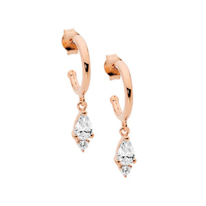 ELLANI COLLECTIONS SS ROSE GOLD PLATE 13MM HOOP EARRINGS W/ WH CZ PEAR & RND DROP