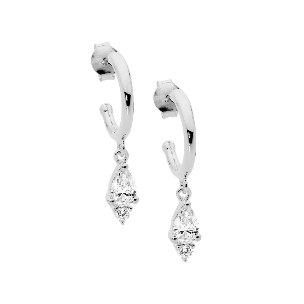ELLANI COLLECTIONS SS 13MM HOOP EARRINGS W/ WH CZ PEAR & RND DROP