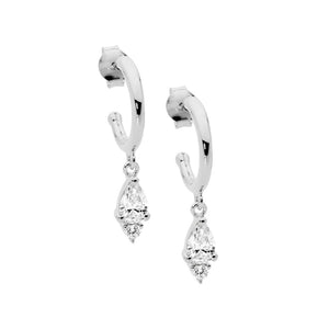 ELLANI COLLECTIONS SS 13MM HOOP EARRINGS W/ WH CZ PEAR & RND DROP