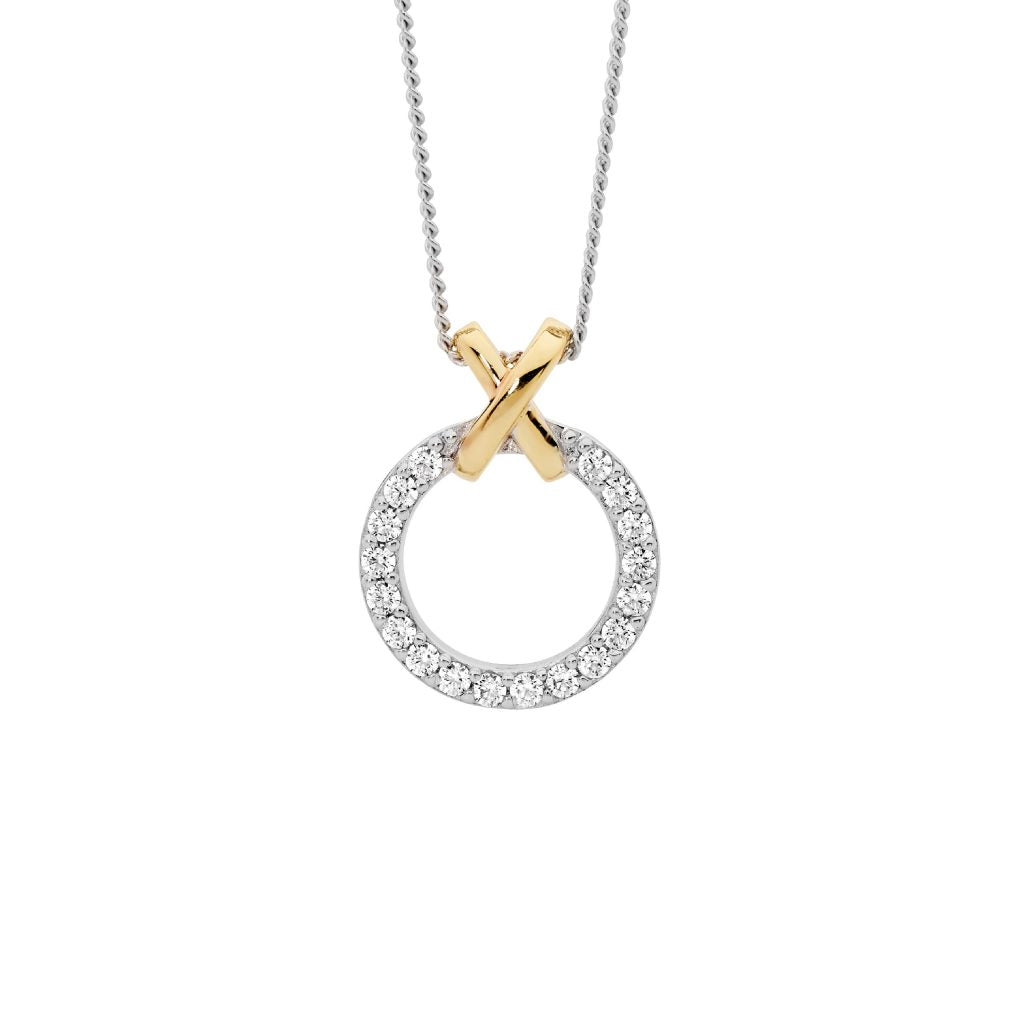 ELLANI COLLECTIONS SS W/ CZ 13 MM CIRCLE W/ GOLD PLATED "X" PENDANT