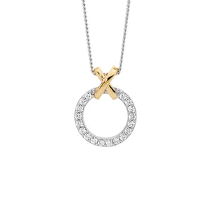 ELLANI COLLECTIONS SS W/ CZ 13 MM CIRCLE W/ GOLD PLATED "X" PENDANT
