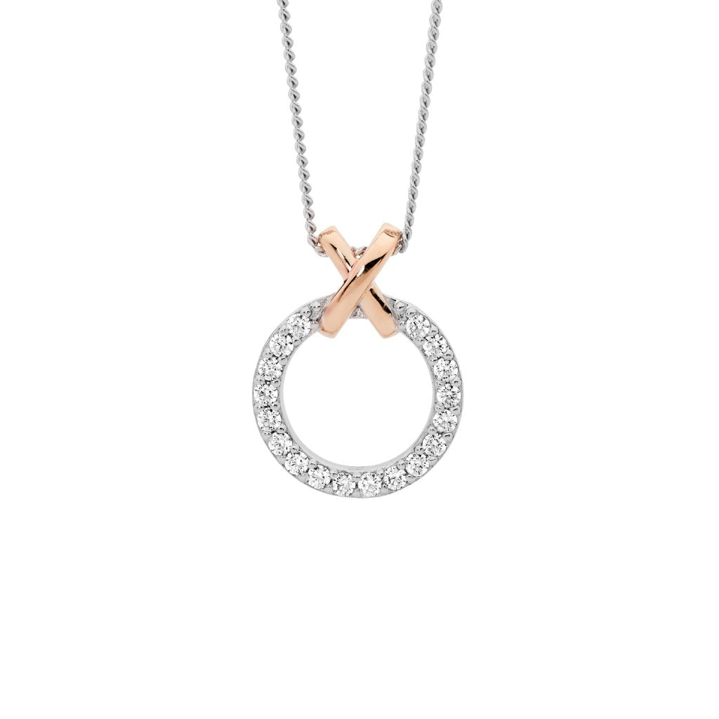 ELLANI COLLECTIONS SS W/ CZ 13MM CIRCLE W/ GOLD PLATED "X" PENDANT