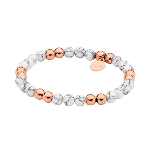 ELLANI COLLECTIONS ST STEEL 6MM HOWLITE BALL STRETCH BRACELET W/ ROSE IP PLATING