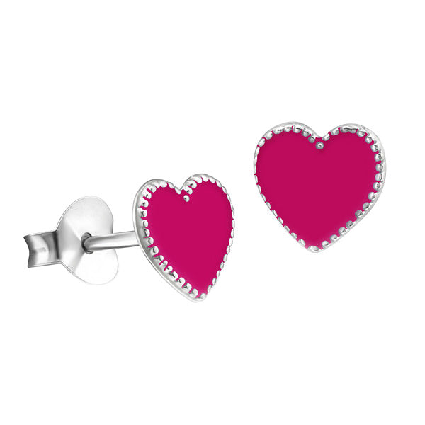 SS 925 KIDS HOT PINK ENAMEL HEART STUD EARRINGS