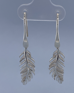 STERLING SILVER 925 CZ PAVE+PLAIN HANG FEATHER EARRINGS - 41mm X 9mm